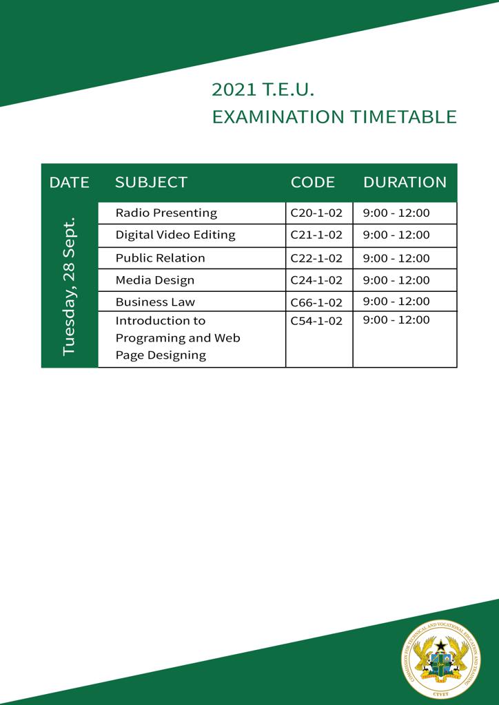 September / October Exam Time table